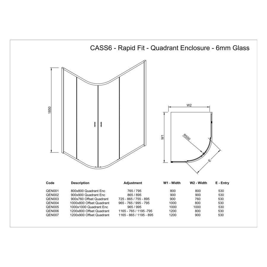 Quadrant Shower Screen Enclosure 1000 x 1000mm - 6mm Glass - Claritas Range