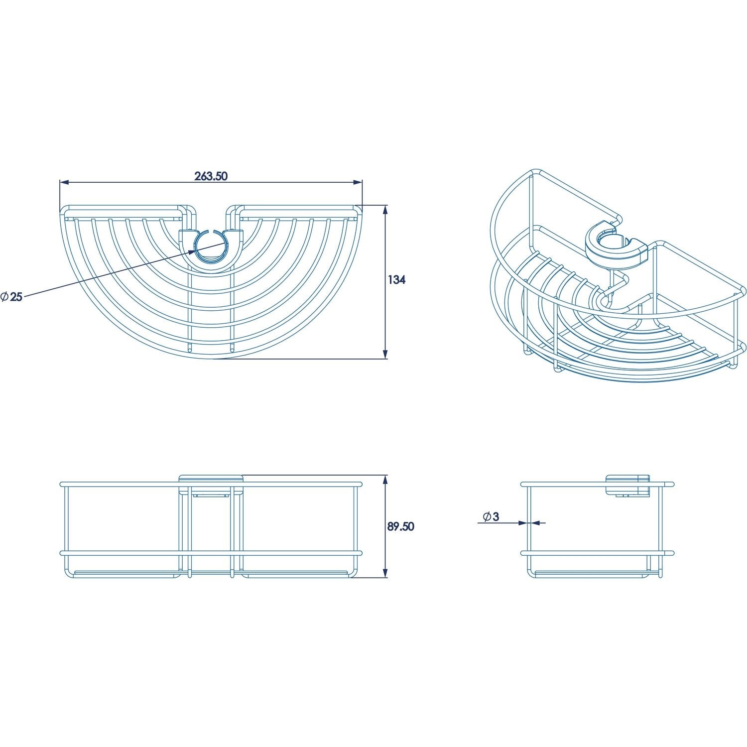 Traditional Shower Basket Tray - Clip on Riser Rail