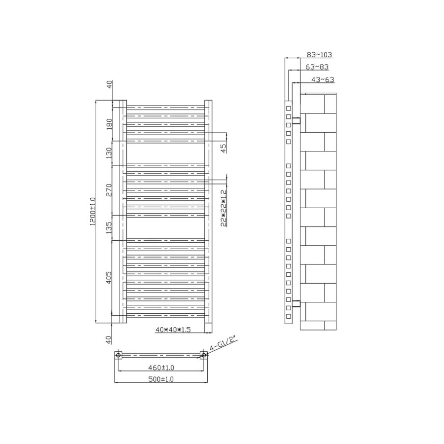 Chrome Bathroom Towel Radiator - 1200 x 500mm