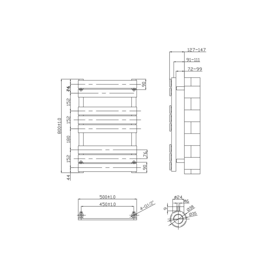 Chrome Vertical Bathroom Flat Towel Radiator - 800 x 500mm