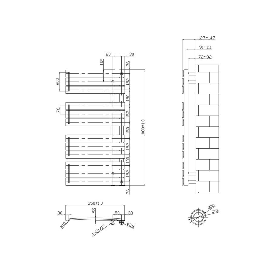 Chrome Vertical Bathroom Towel Flat Radiator - 1080 x 550mm