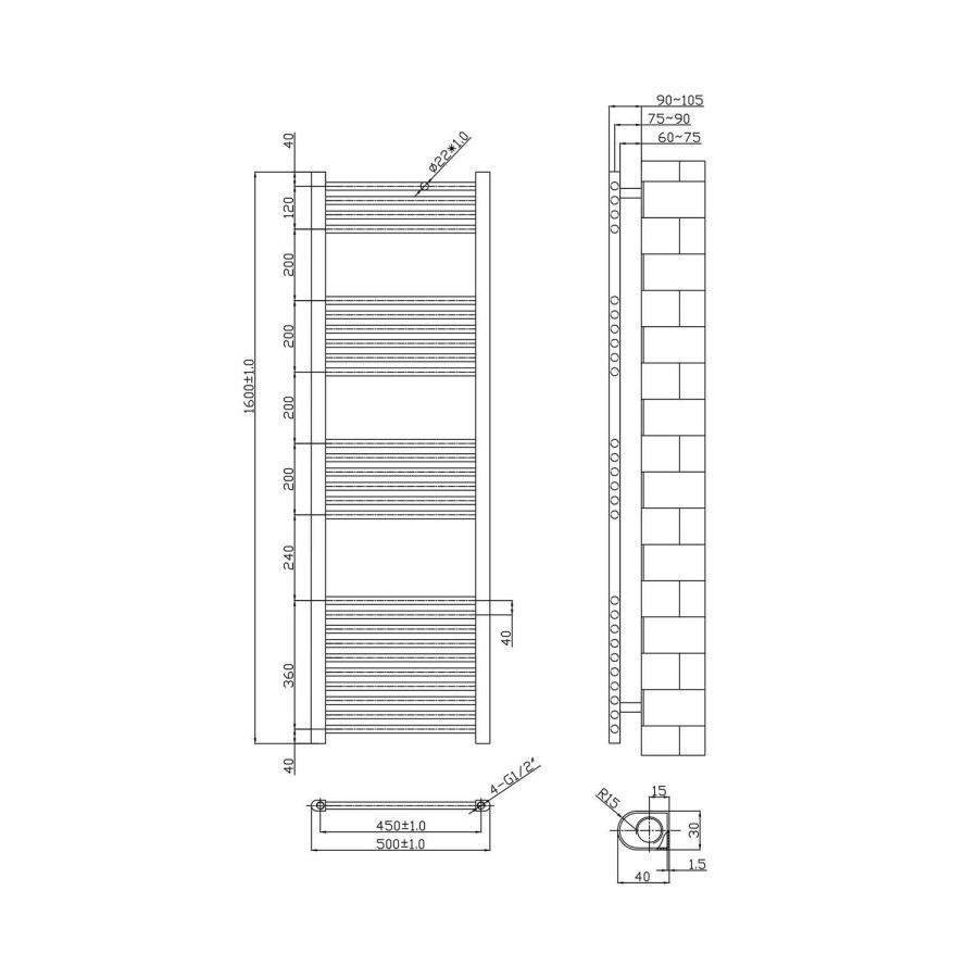Chrome Straight Vertical Bathroom Towel Radiator -1600 x 500mm