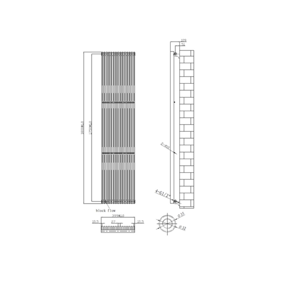 Vertical Anthracite Tall Radiator - 1800 x 399mm