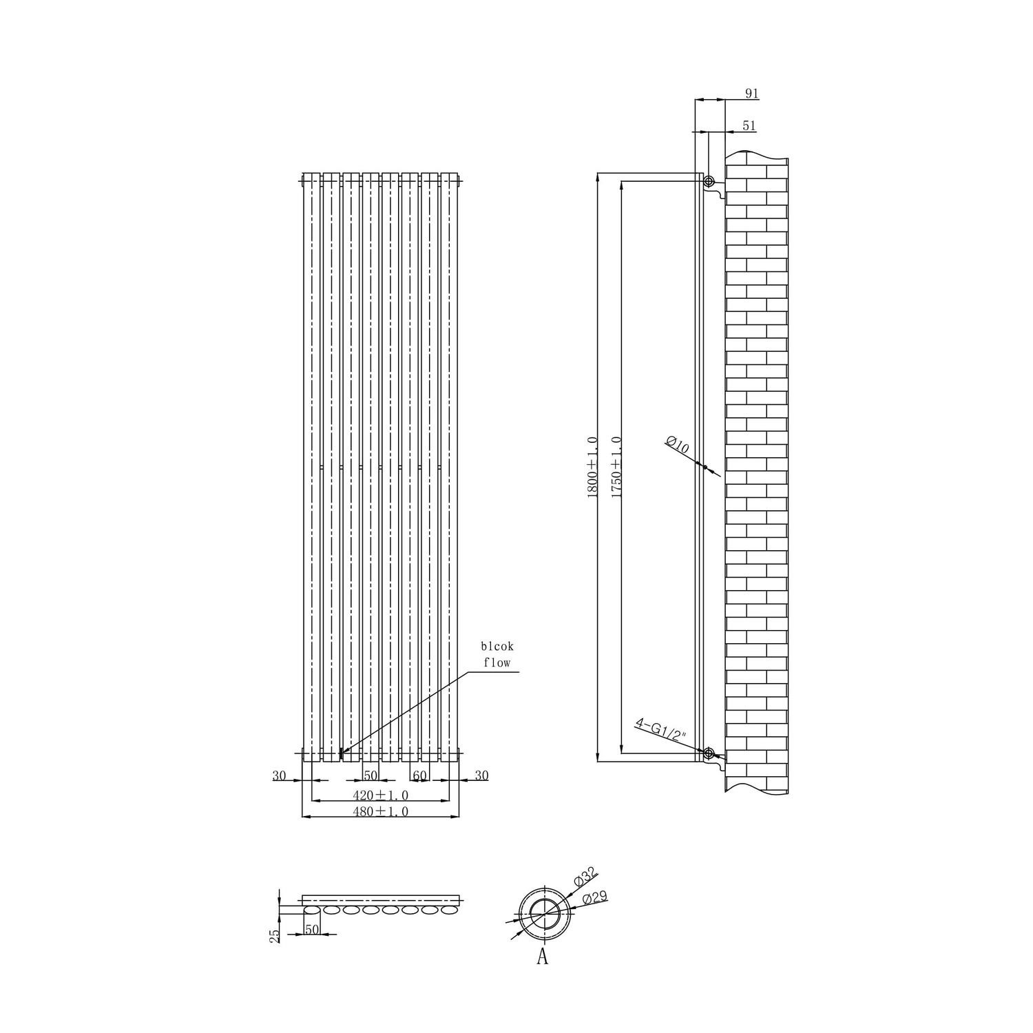 Chrome Vertical Tall Radiator - 1800 x 480mm - Better Bathrooms