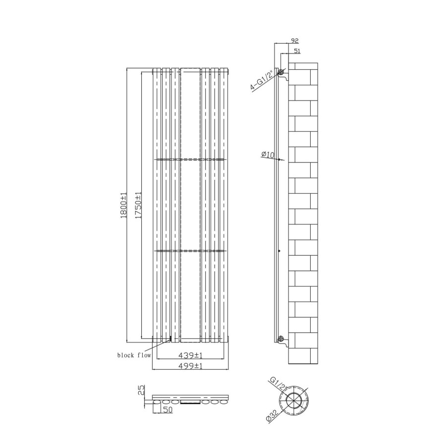 Vertical Mirrored Designer Modern Radiator - 1800 x 499mm - 3031 BTU's