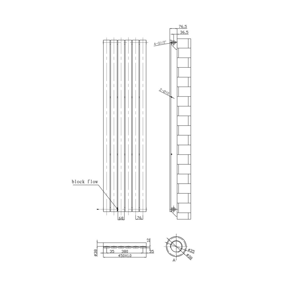Vertical Chrome Tall Radiator with Flat Panels - 1800 x 450mm