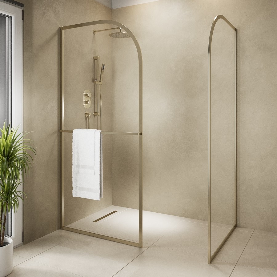 800mm Brushed Brass Curved Glass Shower Screen for Wet Room & Walk In Shower - Raya