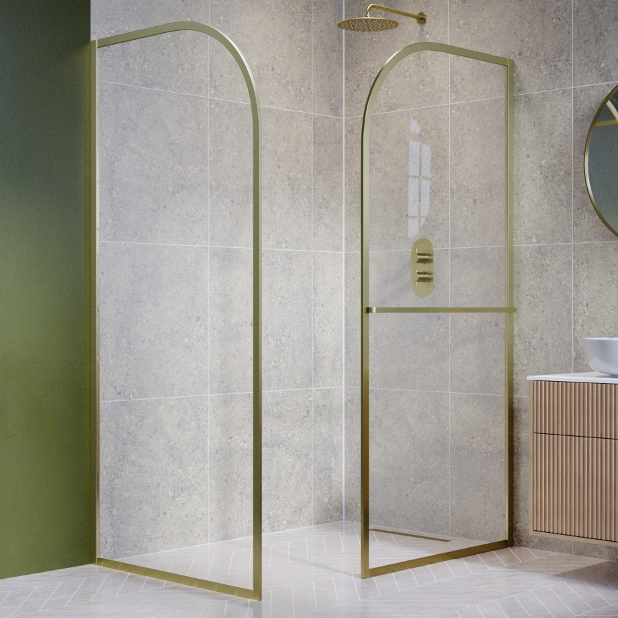 800mm Brushed Brass Curved Glass Shower Screen for Wet Room & Walk In Shower - Raya