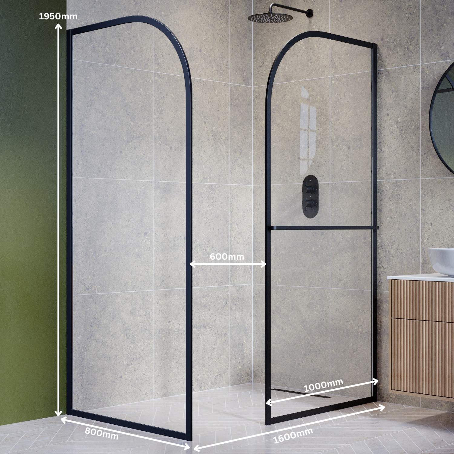 Shower Screen Rack 1600x800mm Brushed Brass Curved Glass Wet Room Shower Screen Enclosure ...