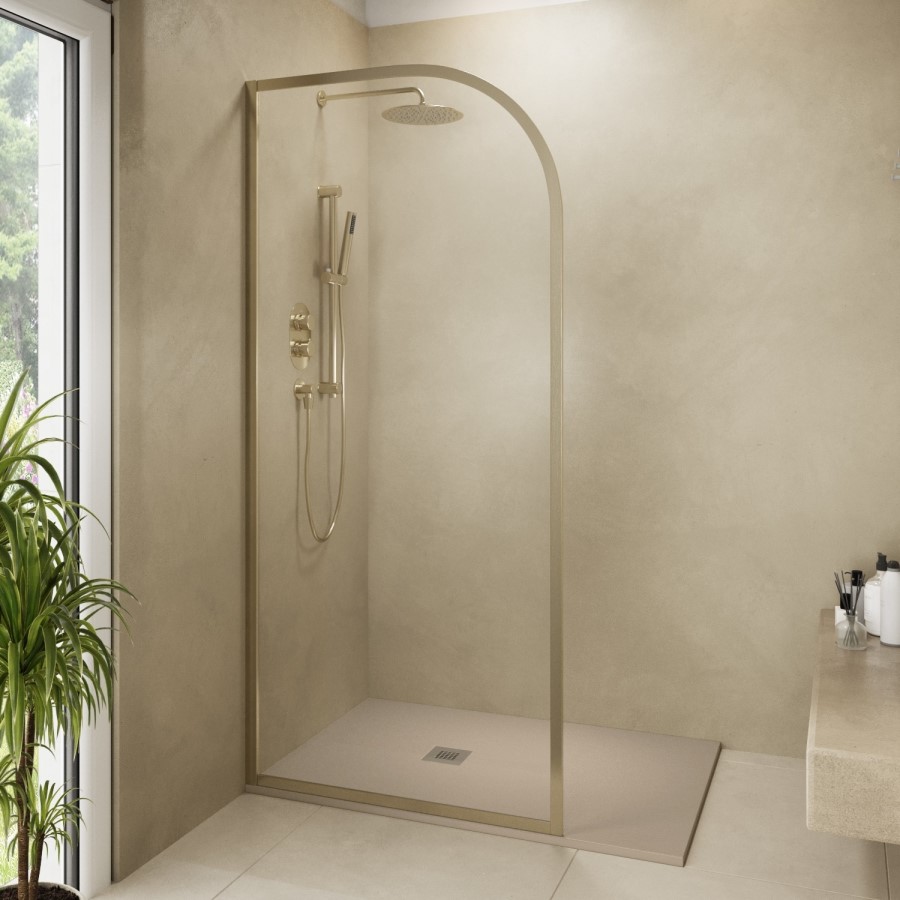 800mm Brushed Brass Curved Glass Shower Screen for Wet Room & Walk In Shower - Raya