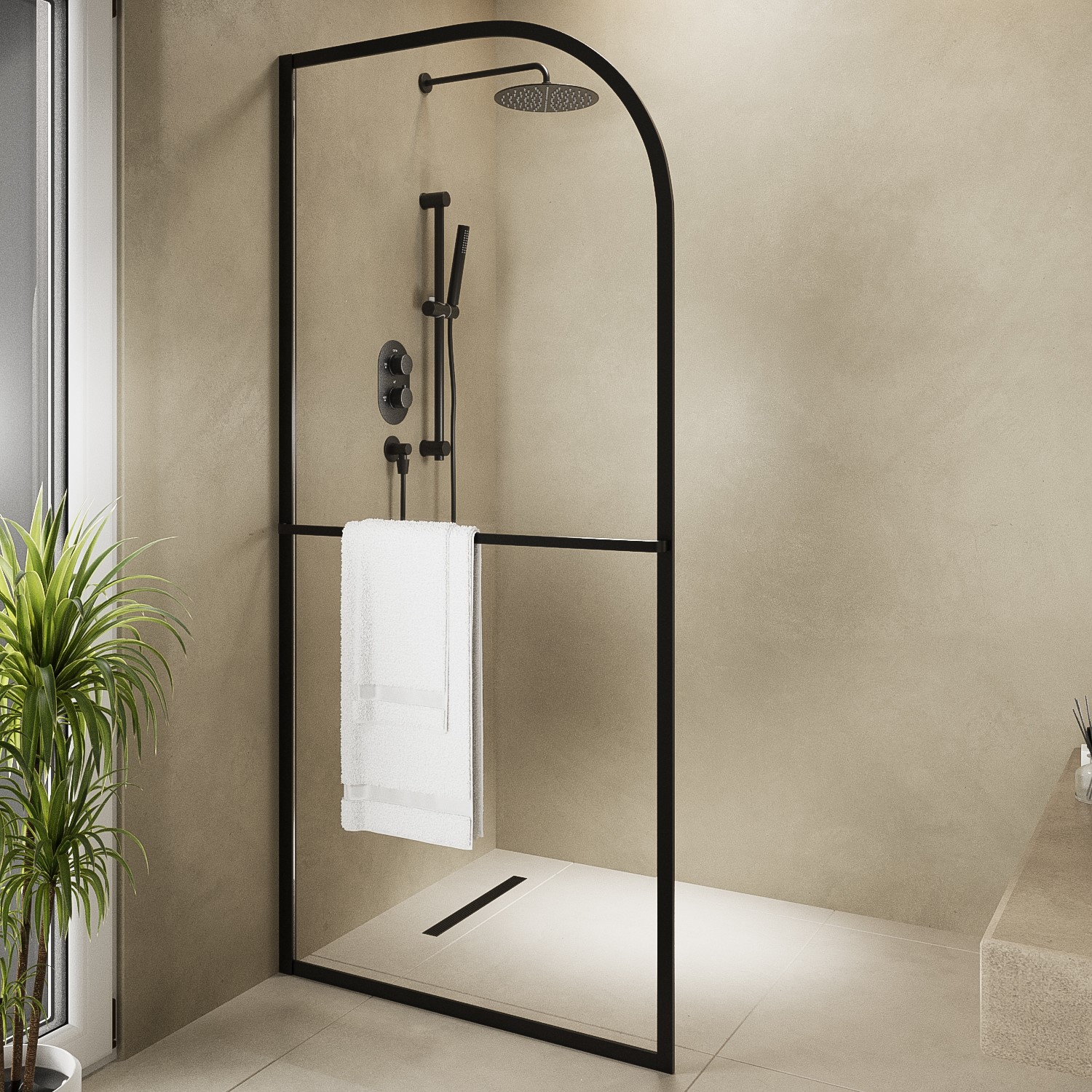 Shower Screen Rack 900mm Black Arched Wet Room Shower Screen with Towel Rail - Raya ...