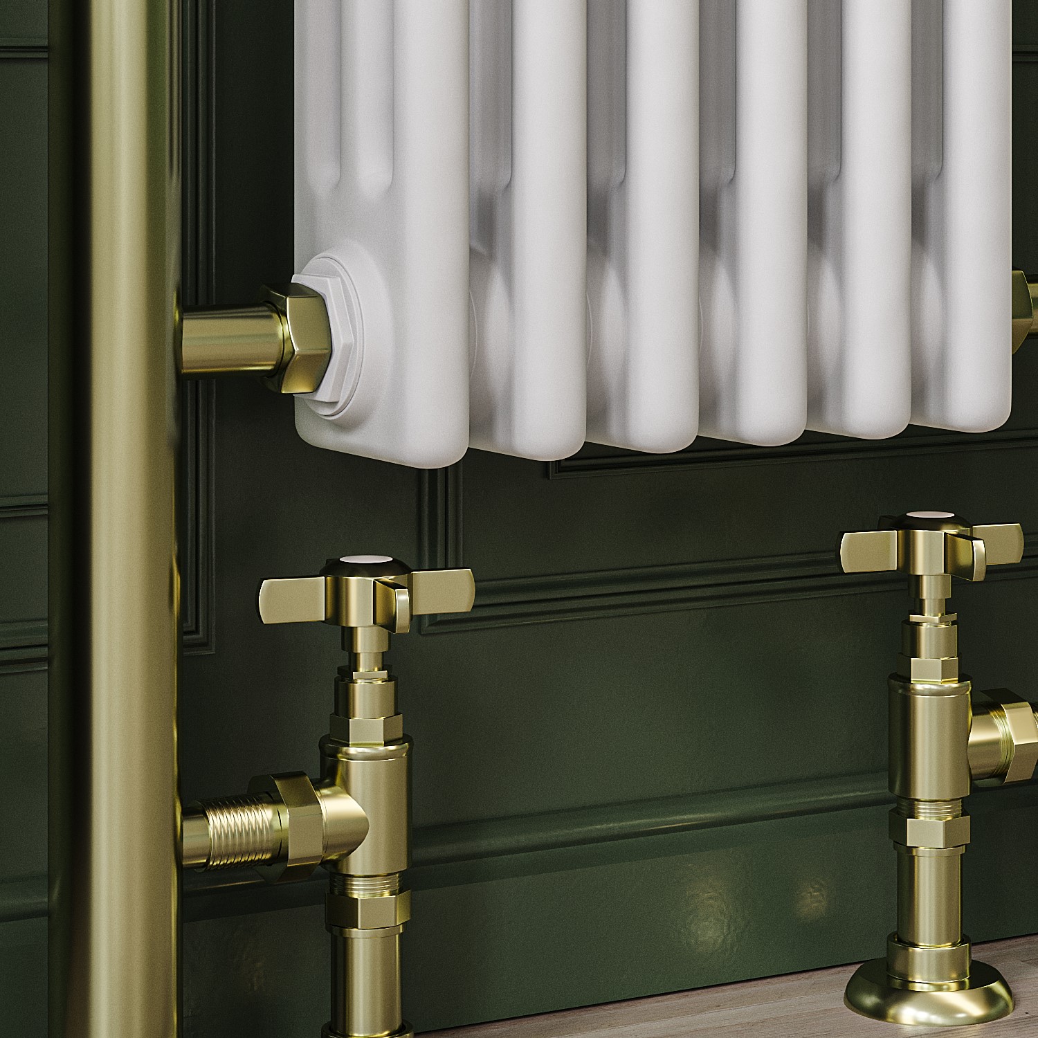 White and Brass Vertical Traditional Column Radiator 1600 x 480mm ...