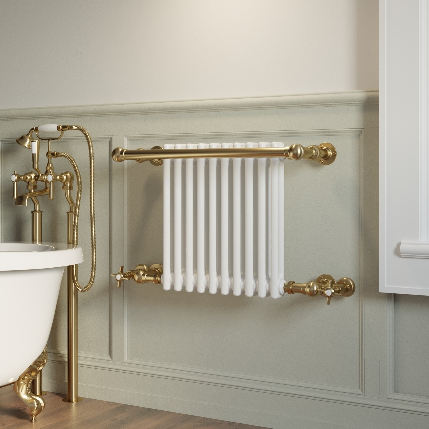 White And Brass Traditional Column Radiator With Towel Rail 510 X 740mm White And Brass Traditional Column Radiator With Towel Rail 510 X 740mm