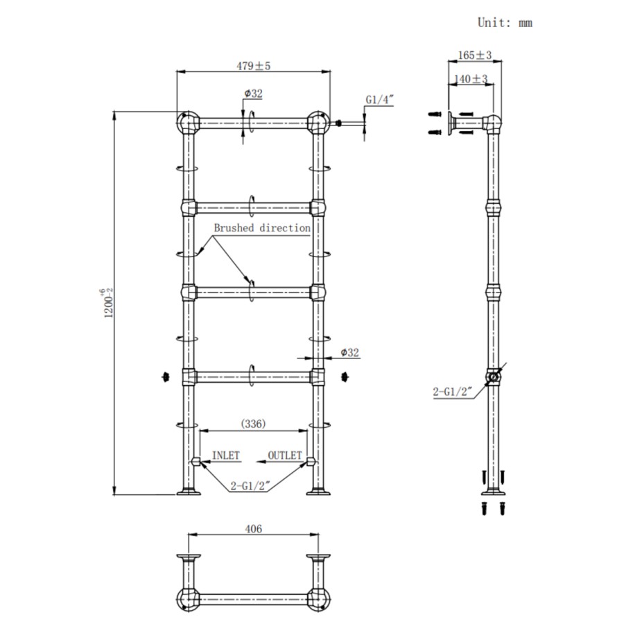 Black Vertical Traditional Towel Rail Radiator 1200 x 479mm - Regent