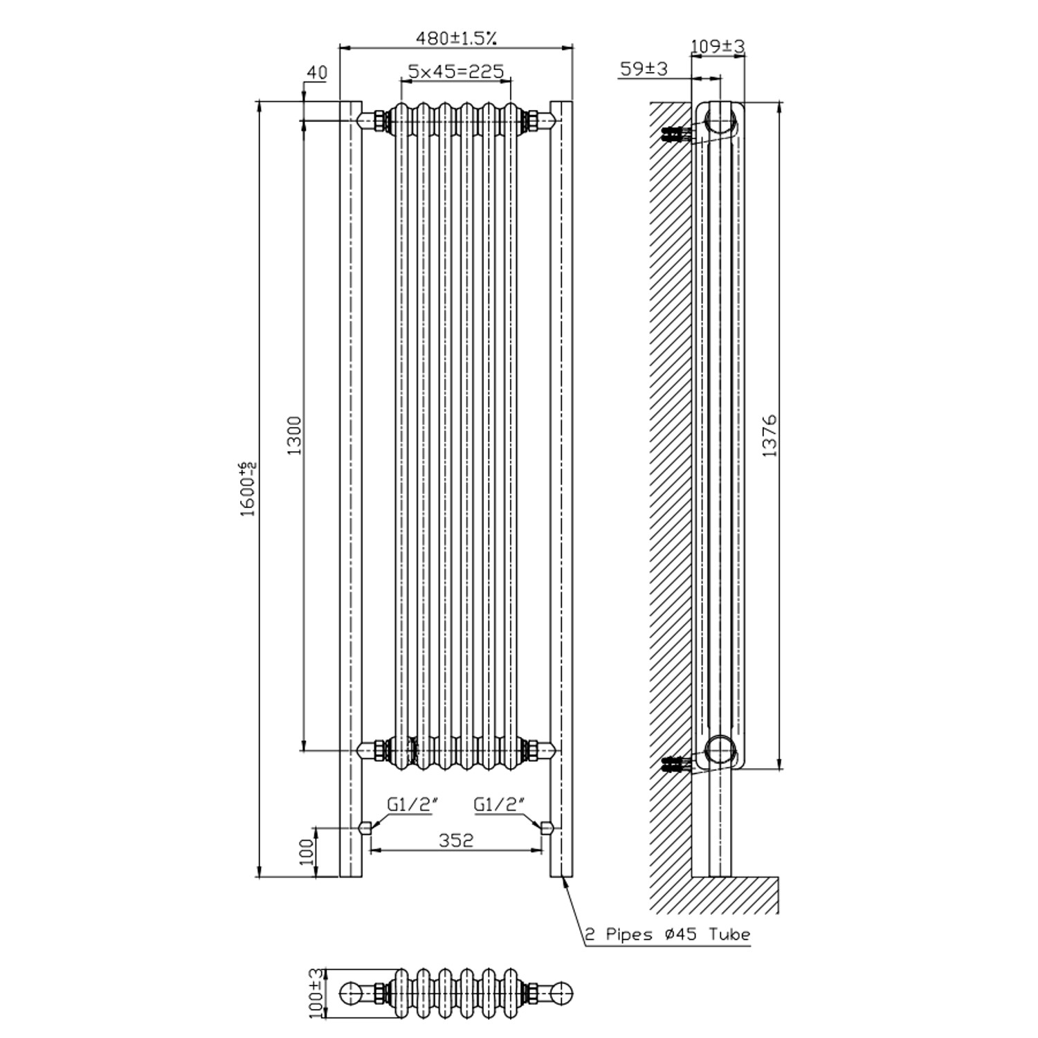 Column Radiator With Front Label White and Black Vertical Traditional Column Radiator 1600 x 480mm ...