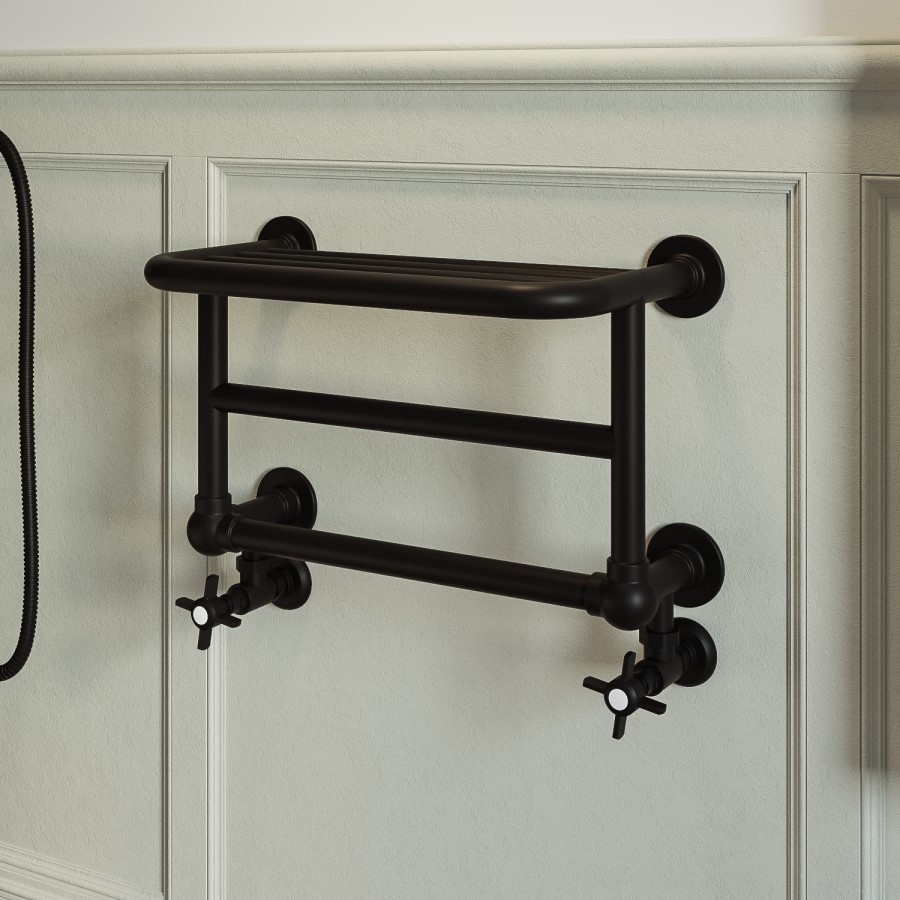 GRADE A2 - Black Traditional Heated Towel Shelf Radiator 350 x 550mm- Regent