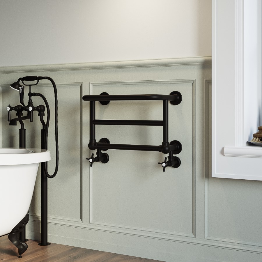 GRADE A2 - Black Traditional Heated Towel Shelf Radiator 350 x 550mm- Regent