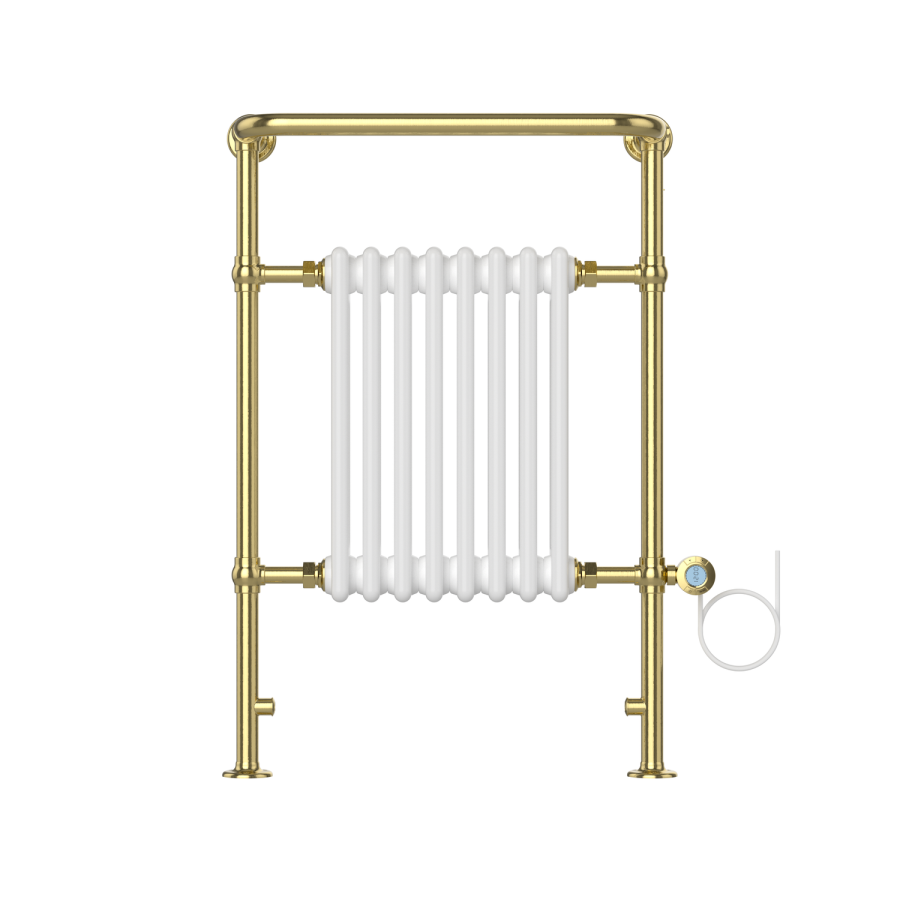 White and Brass Traditional Electric Column Radiator with Towel Rail 952 x 659mm - Regent