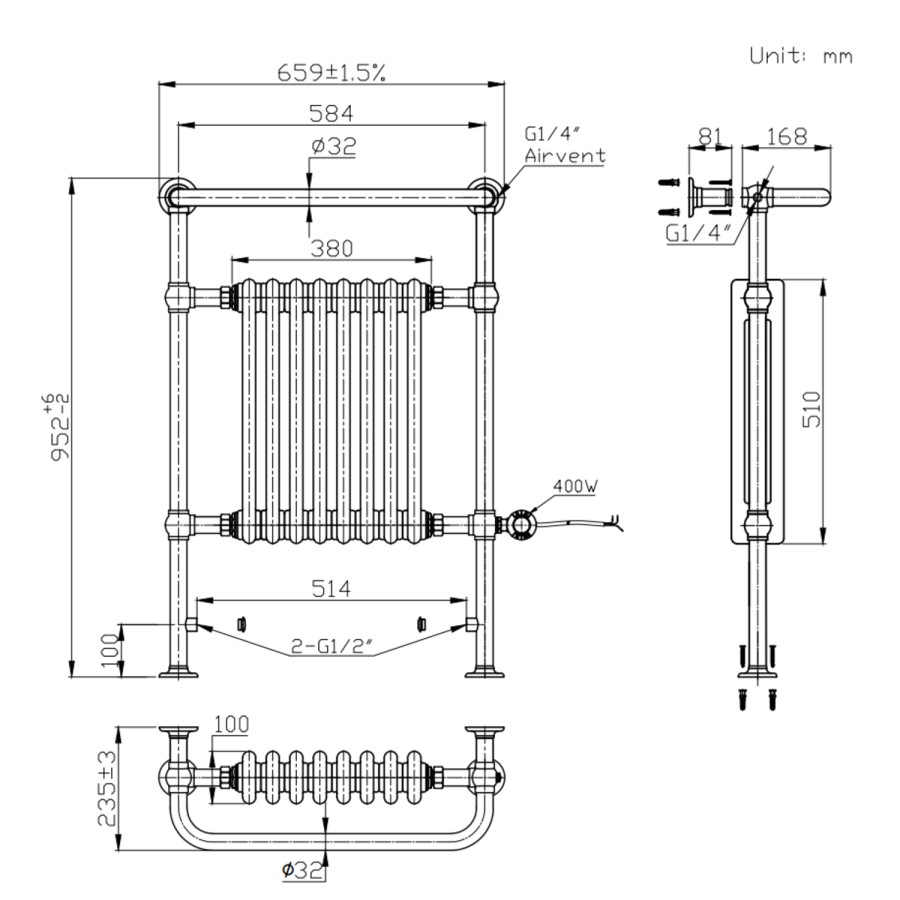 Black and Brass Electric Traditional Column Radiator with Towel Rail 952 x 659mm - Regent