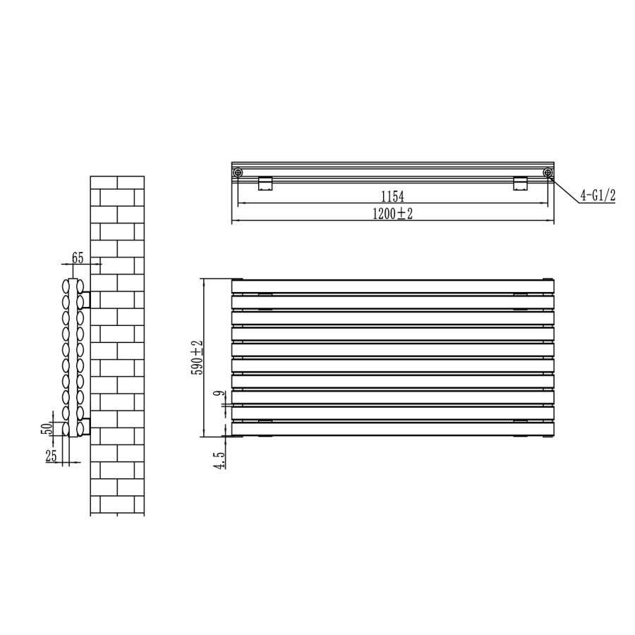 Sorrento Linea Midnight Black Oval Designer Radiator 590x1200mm Double Panel 4355 BTU - Horizontal Bars