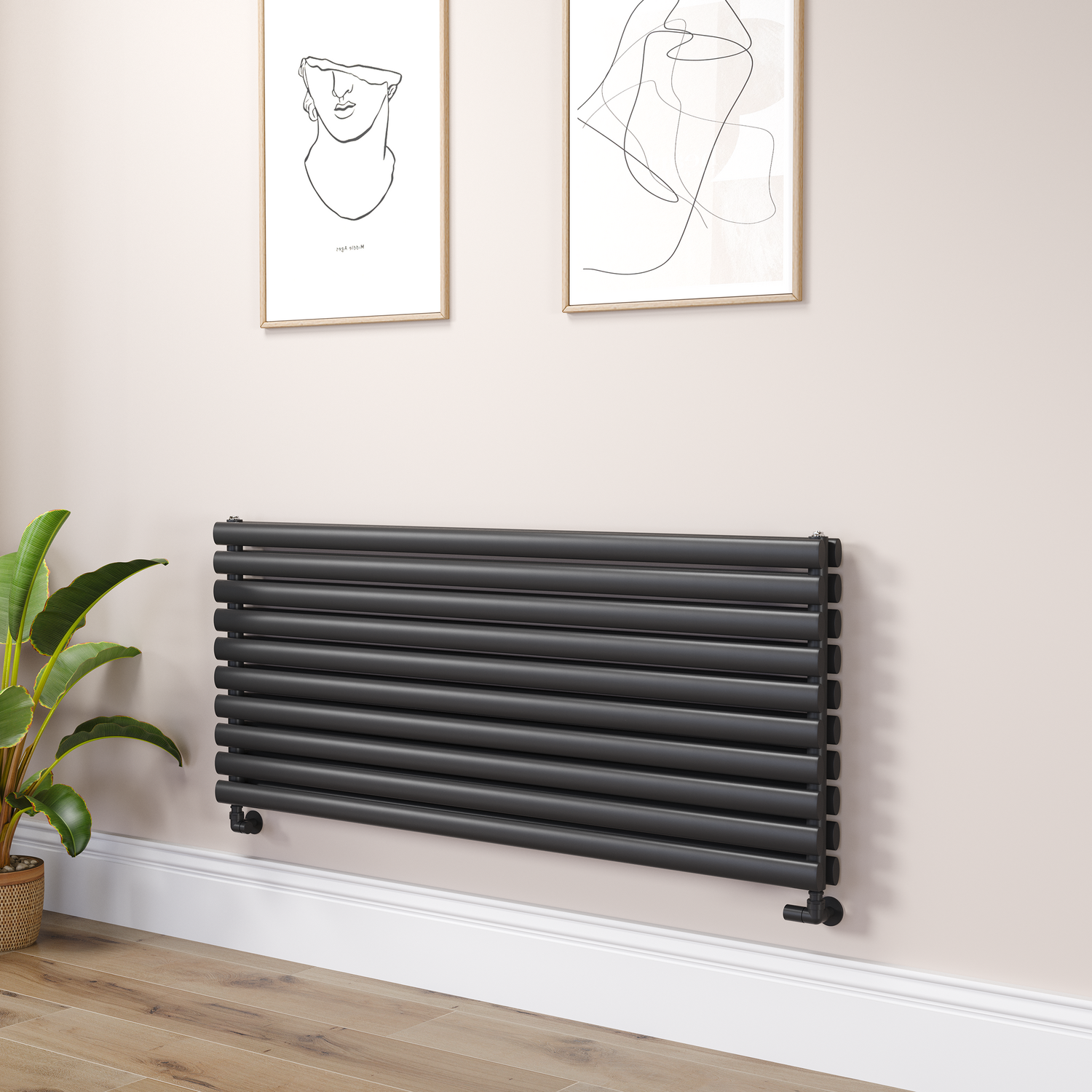 Sorrento Midnight Black Oval Designer Radiator 590X1400mm Double Panel 5014 Btu