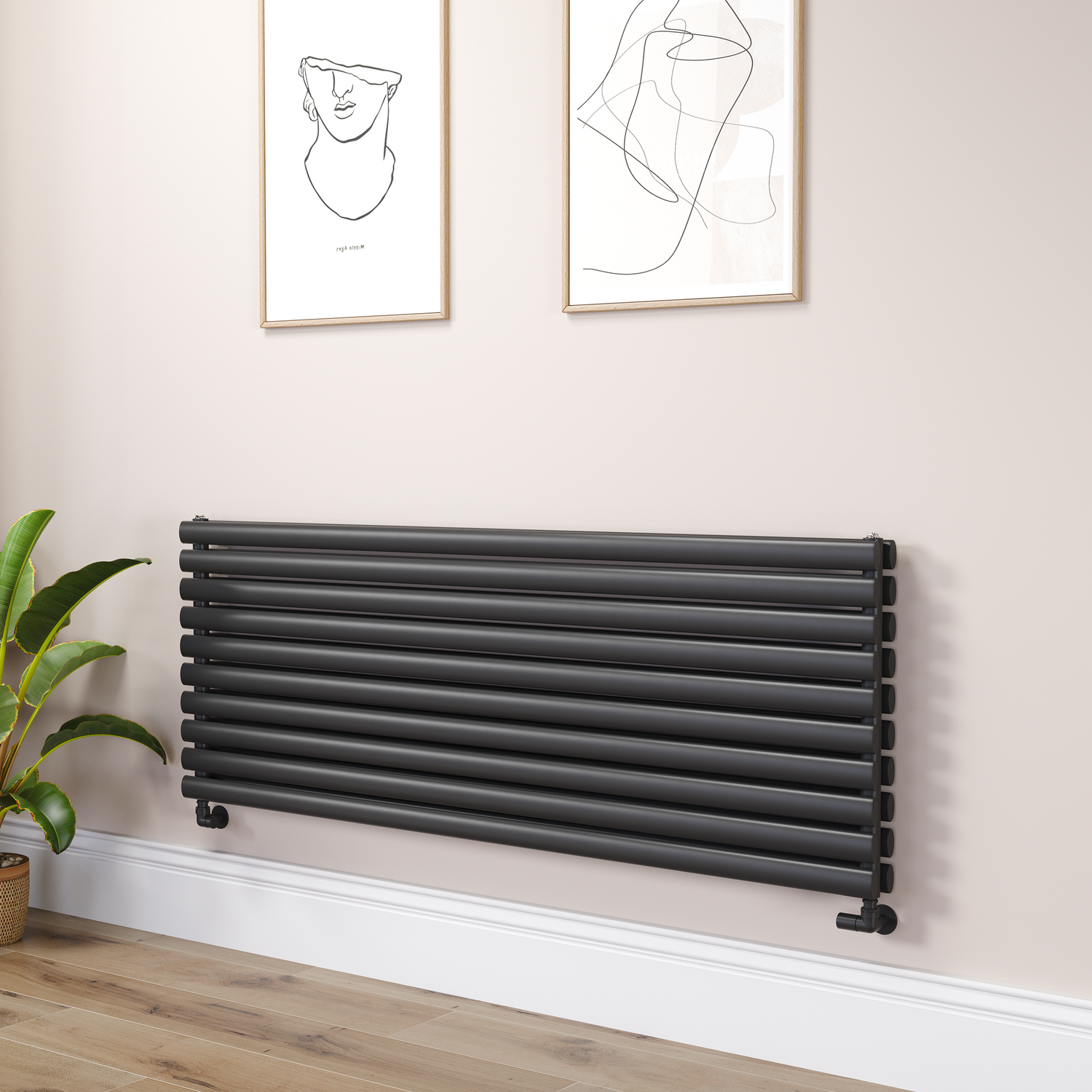 Sorrento Midnight Black Oval Designer Radiator 590X1600mm Double Panel 5676 Btu
