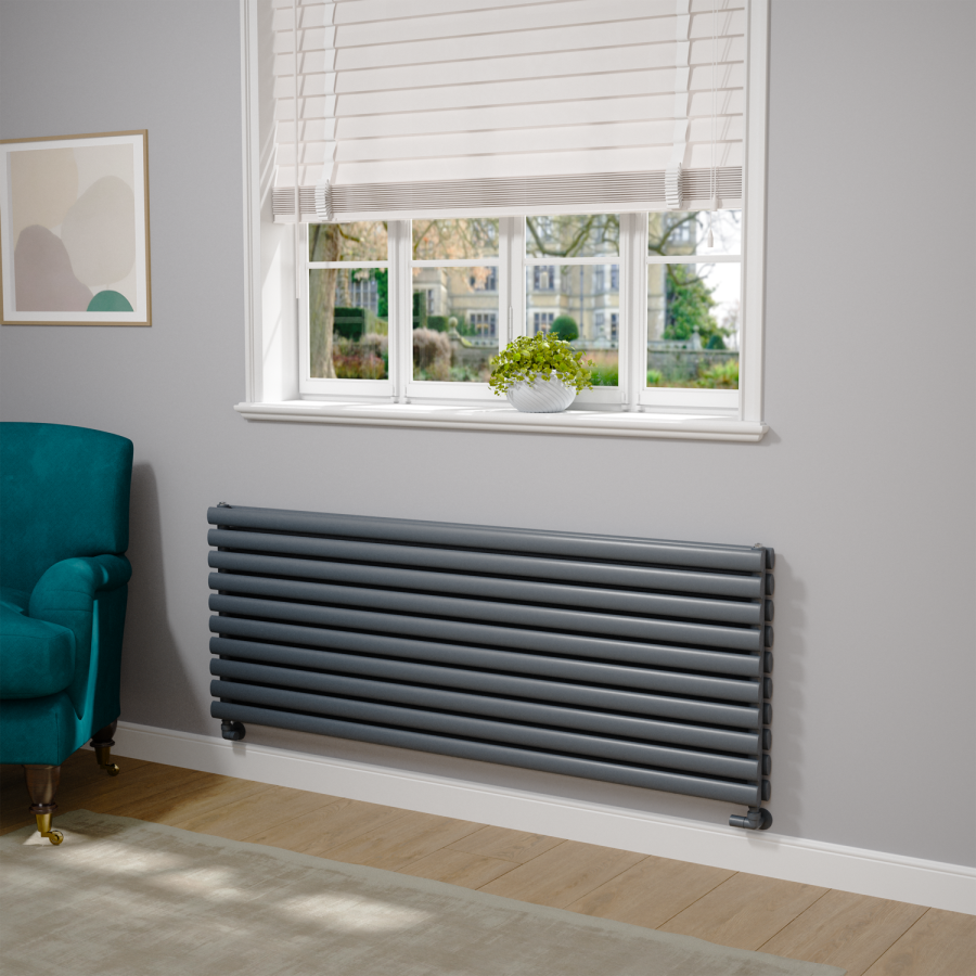 Sorrento Linea Dark Grey Anthracite Oval Designer Radiator 590x1600mm Double Panel 5676 BTU - Horizontal Bars