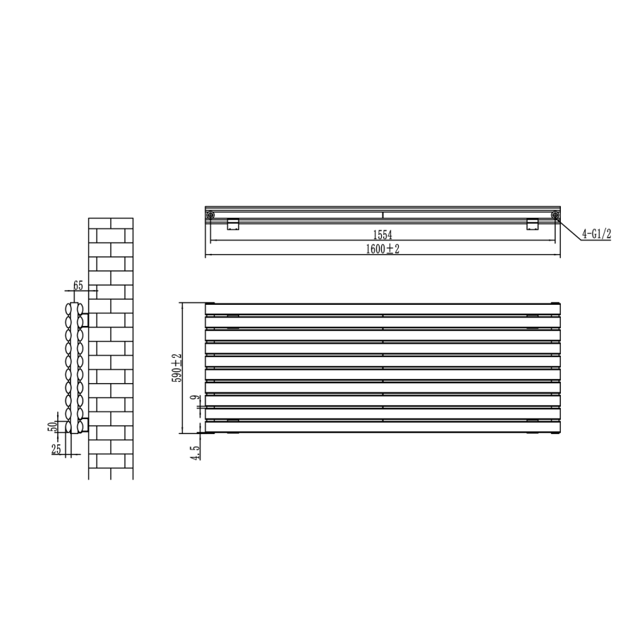 Sorrento Linea Dark Grey Anthracite Oval Designer Radiator 590x1600mm Double Panel 5676 BTU - Horizontal Bars