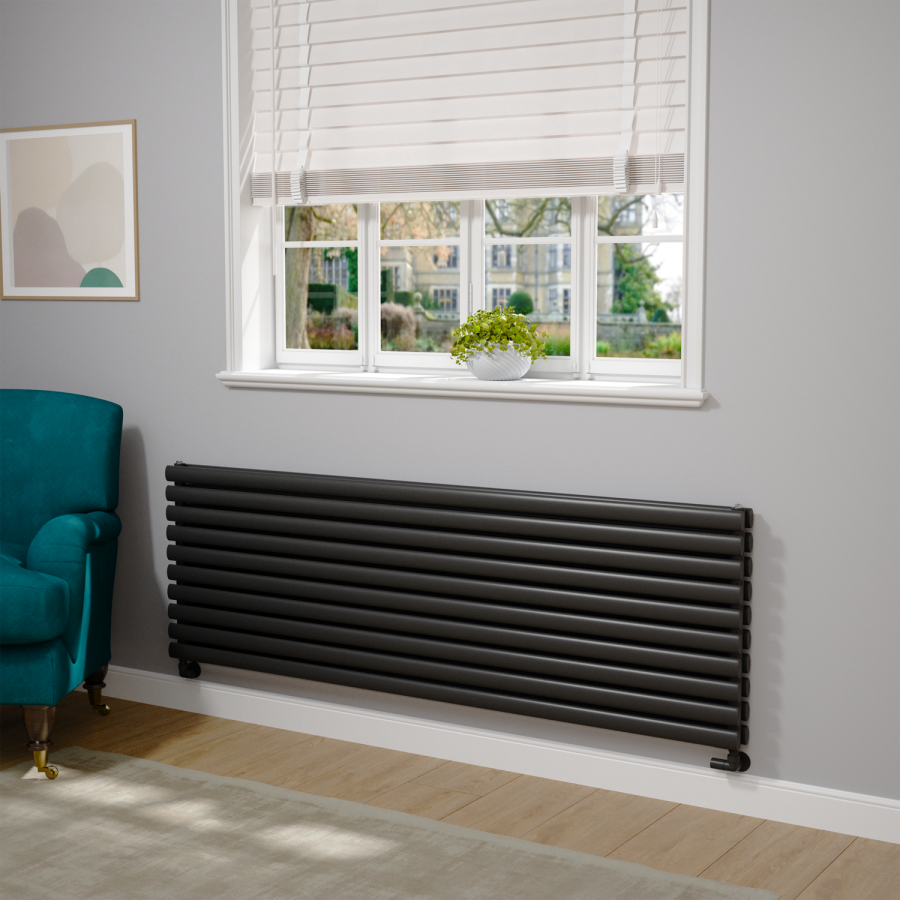 Sorrento Linea Midnight Black Oval Designer Radiator 590x1800mm Double Panel 6338 BTU - Horizontal Bars