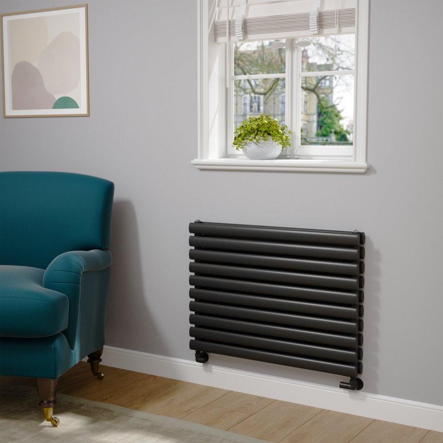 Sorrento Linea Midnight Black Oval Designer Radiator 590x800mm Double Panel 3024 BTU - Horizontal Bars