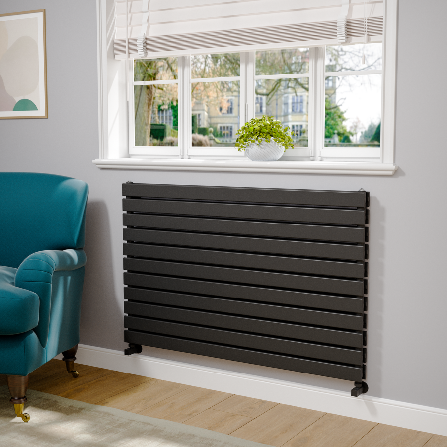 Riace Linea Midnight Black Flat Designer Radiator 770x1200mm Double Panel 5358 BTU - Horizontal Bars