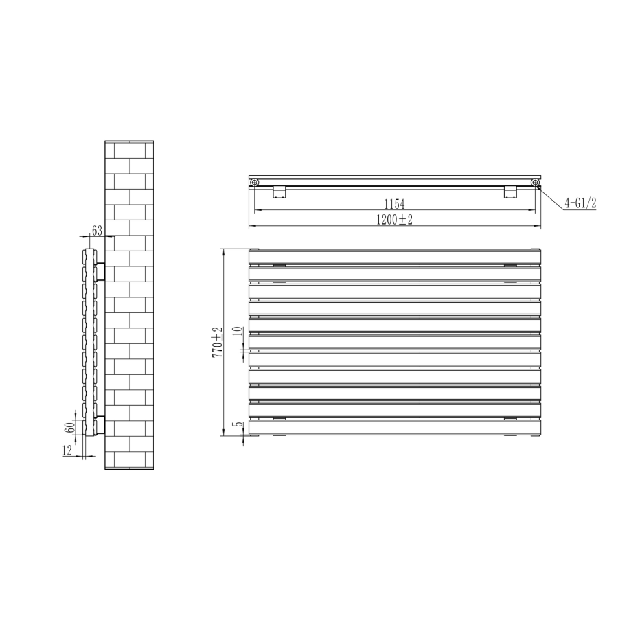 Riace Linea Midnight Black Flat Designer Radiator 770x1200mm Double Panel 5358 BTU - Horizontal Bars