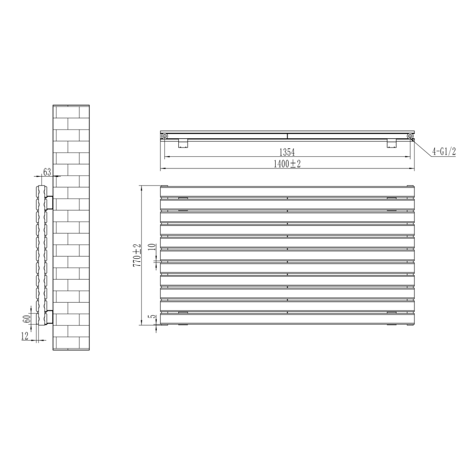 Riace Linea Midnight Black Flat Designer Radiator 770x1400mm Double Panel 6143 BTU - Horizontal Bars