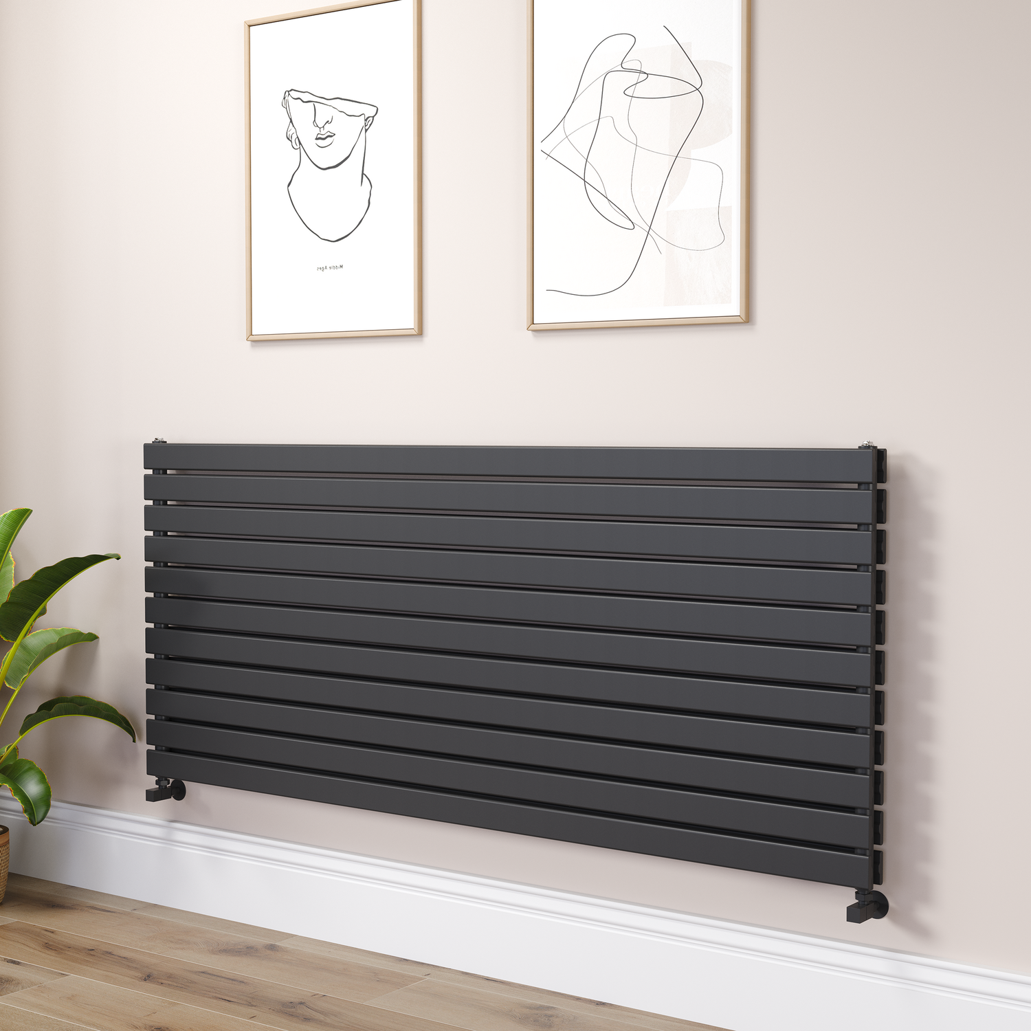 Riace Midnight Black Linea Flat Designer Radiator 770X1800mm Double Panel 7645 Btu - Horizontal Bars