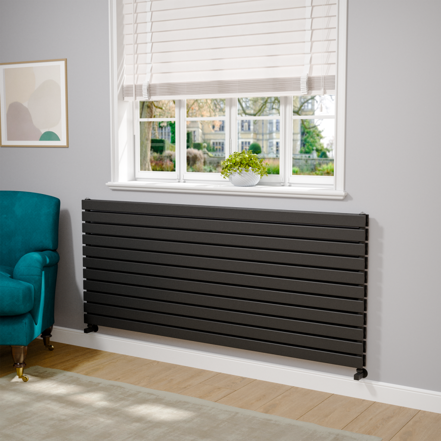 Riace Linea Midnight Black Flat Designer Radiator 770x1800mm Double Panel 7645 BTU - Horizontal Bars