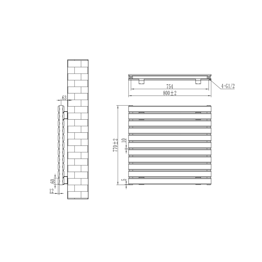 Riace Linea Midnight Black Flat Designer Radiator 770x800mm Double Panel 3720 BTU - Horizontal Bars