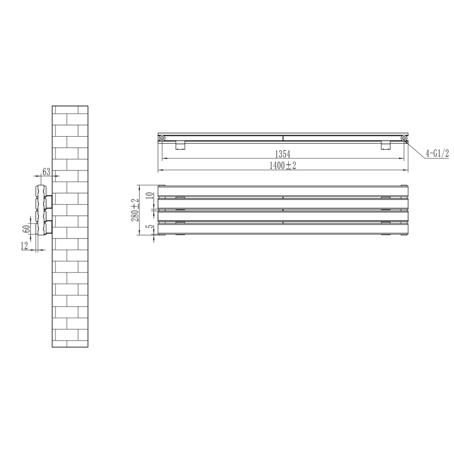 Riace Midnight Black Flat Designer Radiator 280x1400mm Double Panel 2235 BTU
