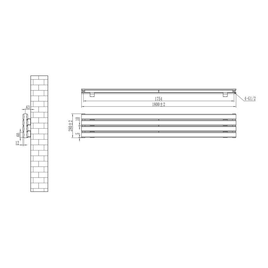 Riace Linea Midnight Black Flat Designer Radiator 280x1800mm Double Panel 2778 BTU - Horizontal Bars