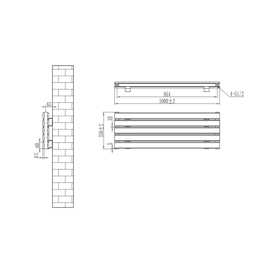 Riace Linea Midnight Black Flat Designer Radiator 350x1000mm Double Panel 2068 BTU - Horizontal Bars