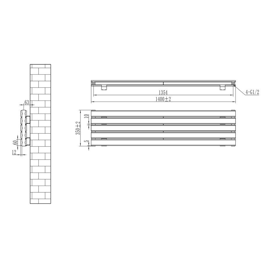 Riace Linea Midnight Black Flat Designer Radiator 350x1400mm Double Panel 2792 BTU - Horizontal Bars