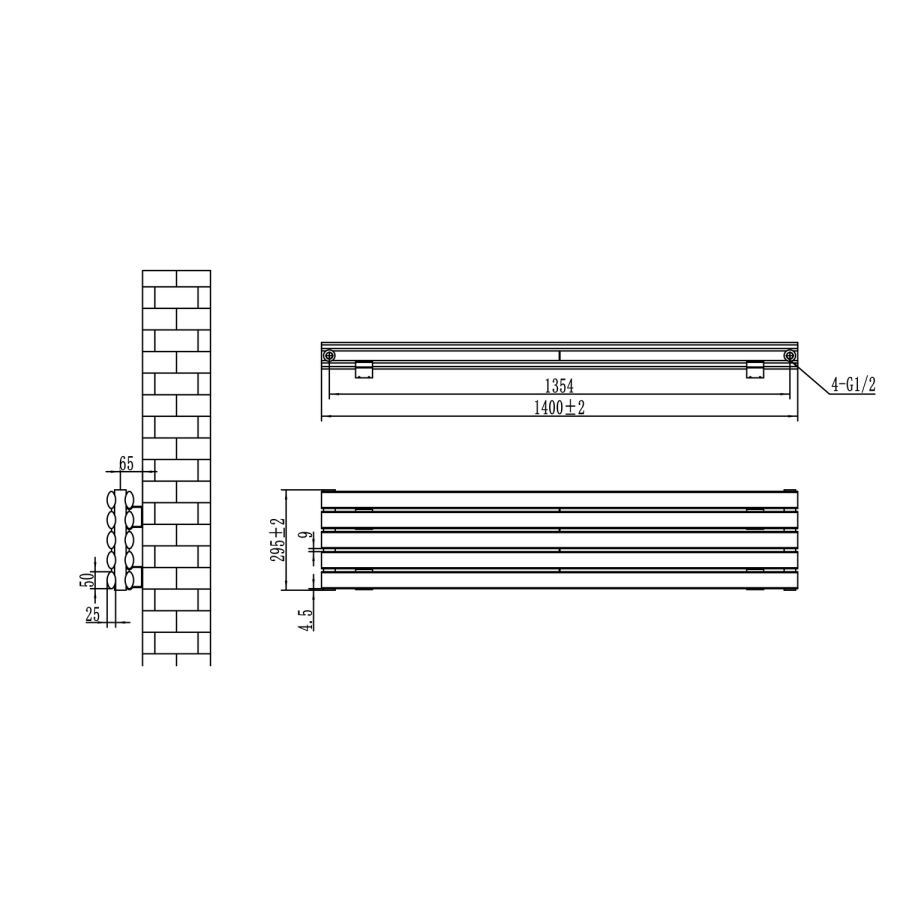 Sorrento Linea Midnight Black Oval Designer Radiator 295x1400mm Double Panel 2509 BTU - Horizontal Bars