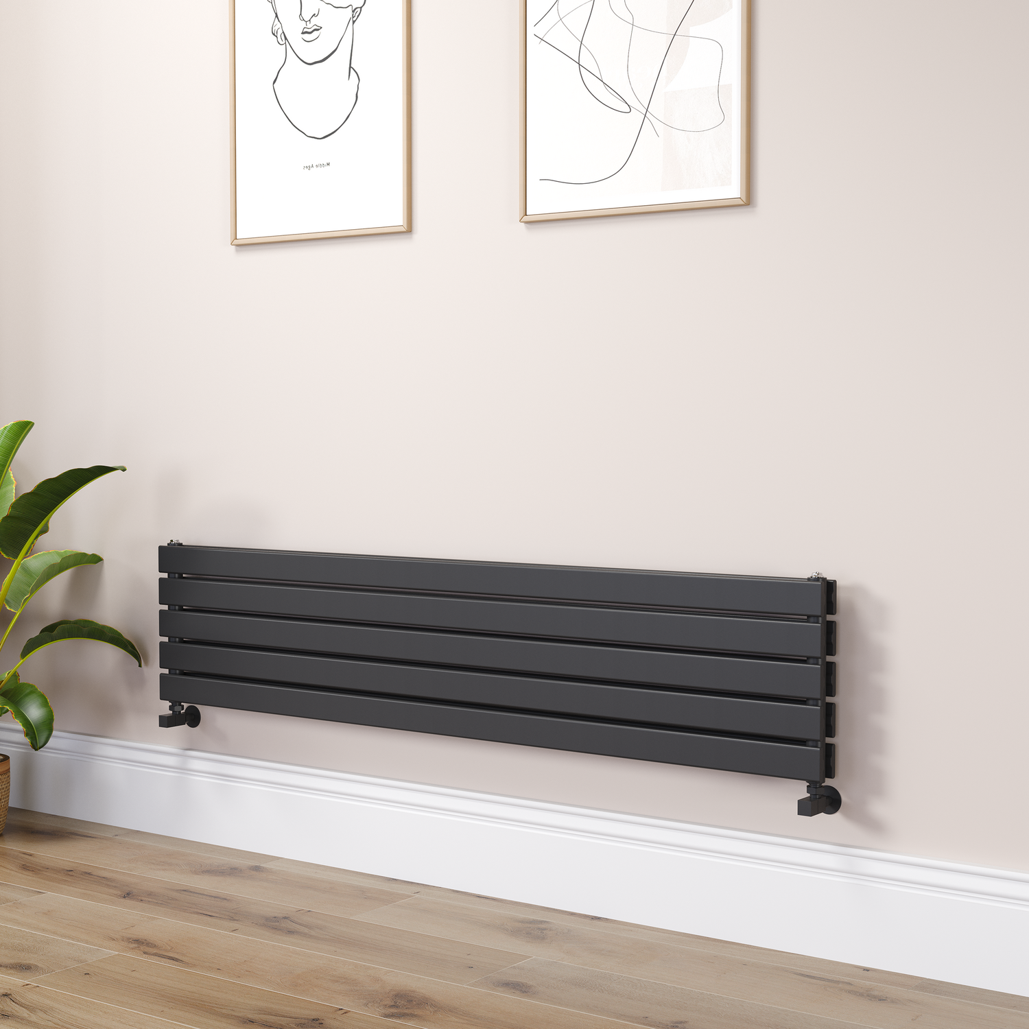 Riace Midnight Black Flat Designer Radiator 350X1600mm Double Panel 3140 Btu