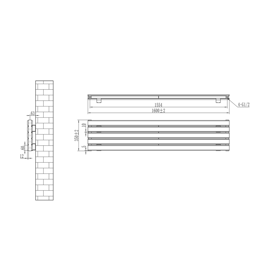 Riace Linea Midnight Black Flat Designer Radiator 350x1600mm Double Panel 3140 BTU - Horizontal Bars