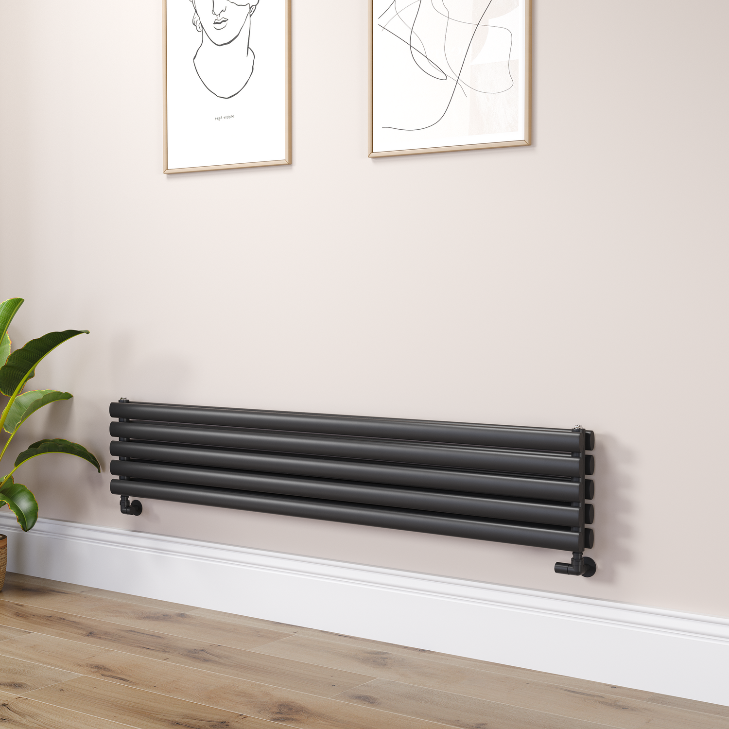 Sorrento Midnight Black Oval Designer Radiator 295X1600mm Double Panel 2836 Btu
