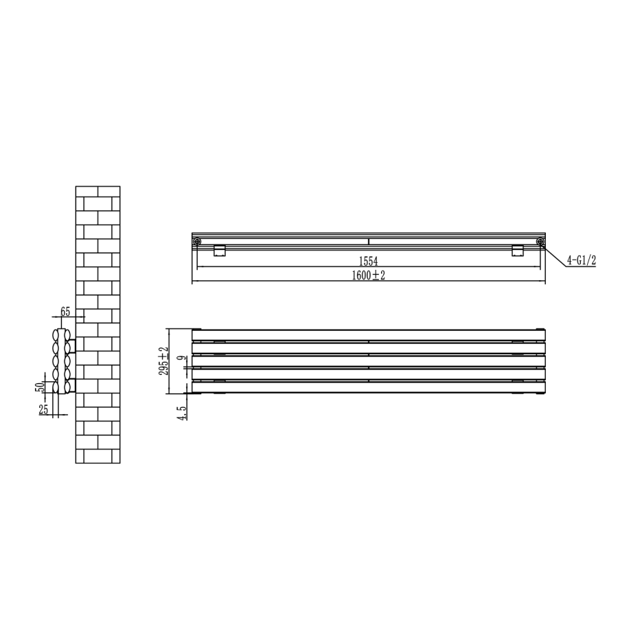 Sorrento Linea Midnight Black Oval Designer Radiator 295x1600mm Double Panel 2836 BTU - Horizontal Bars