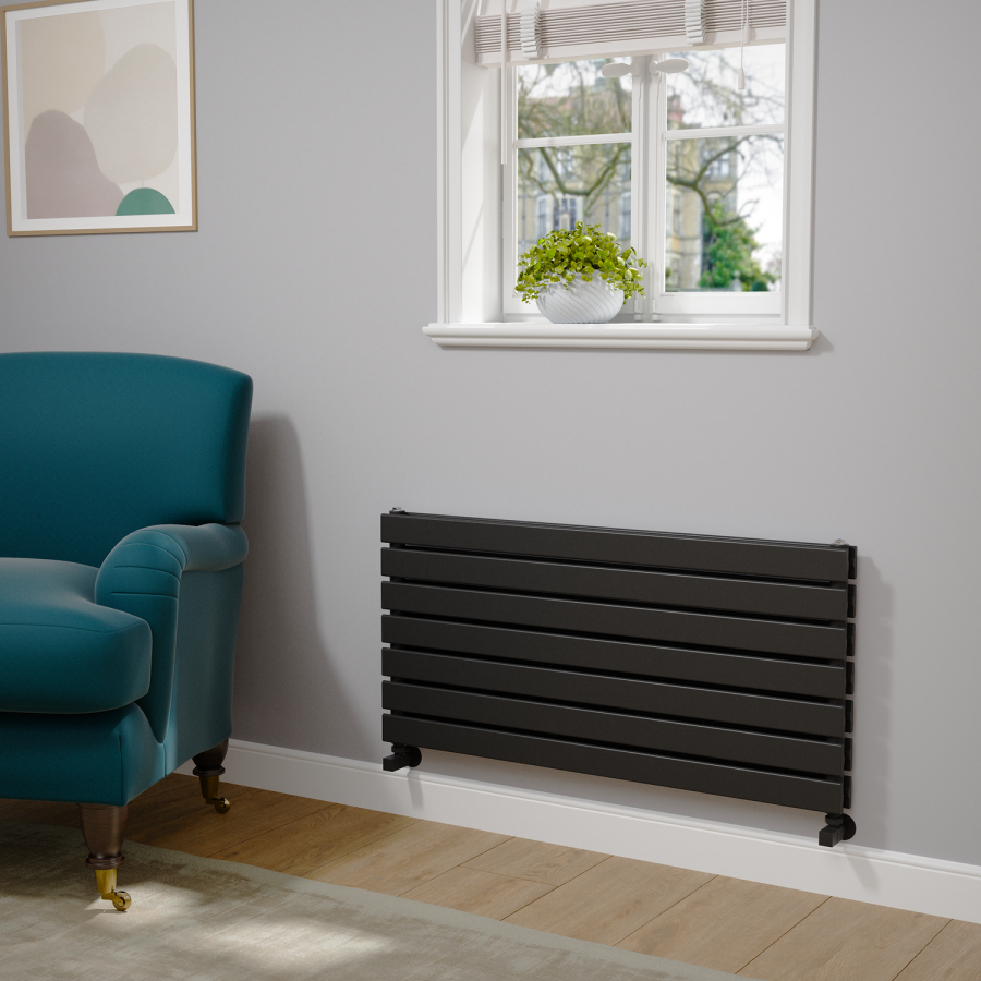 Riace Linea Midnight Black Flat Designer Radiator 490x1000mm Double Panel 2898 BTU - Horizontal Bars