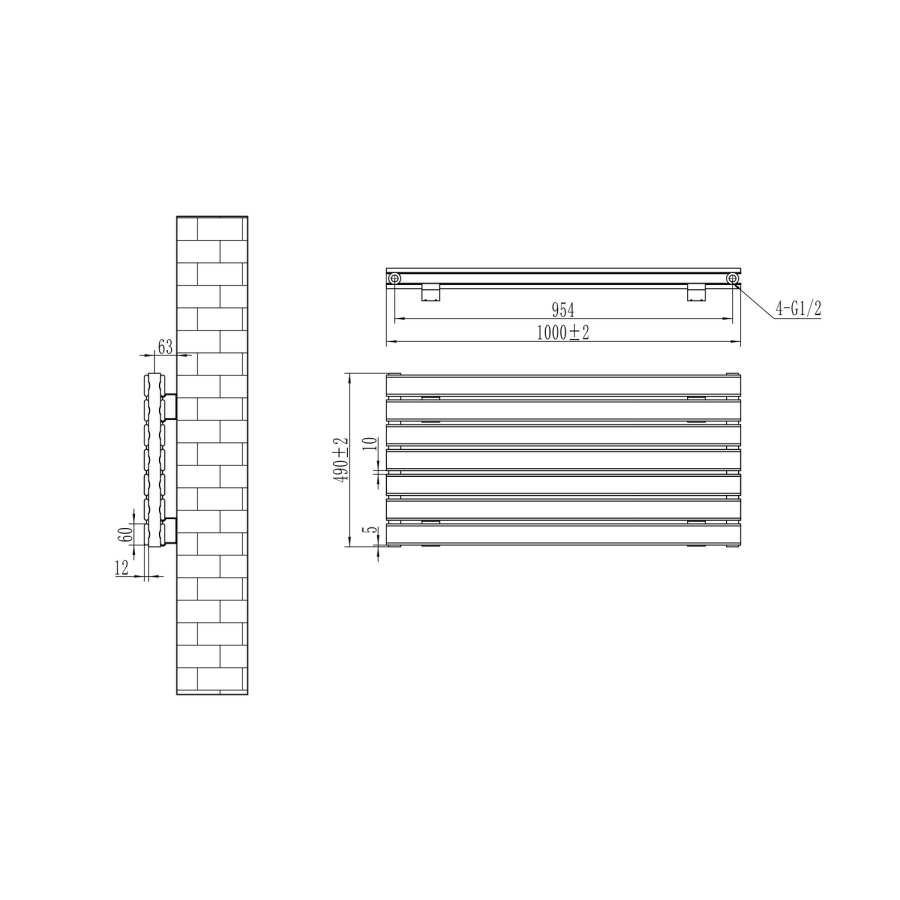 Riace Linea Midnight Black Flat Designer Radiator 490x1000mm Double Panel 2898 BTU - Horizontal Bars