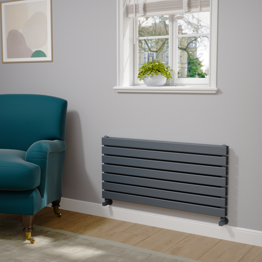 Riace Linea Dark Grey Anthracite Flat Designer Radiator 490x1000mm Double Panel 2898 BTU - Horizontal Bars