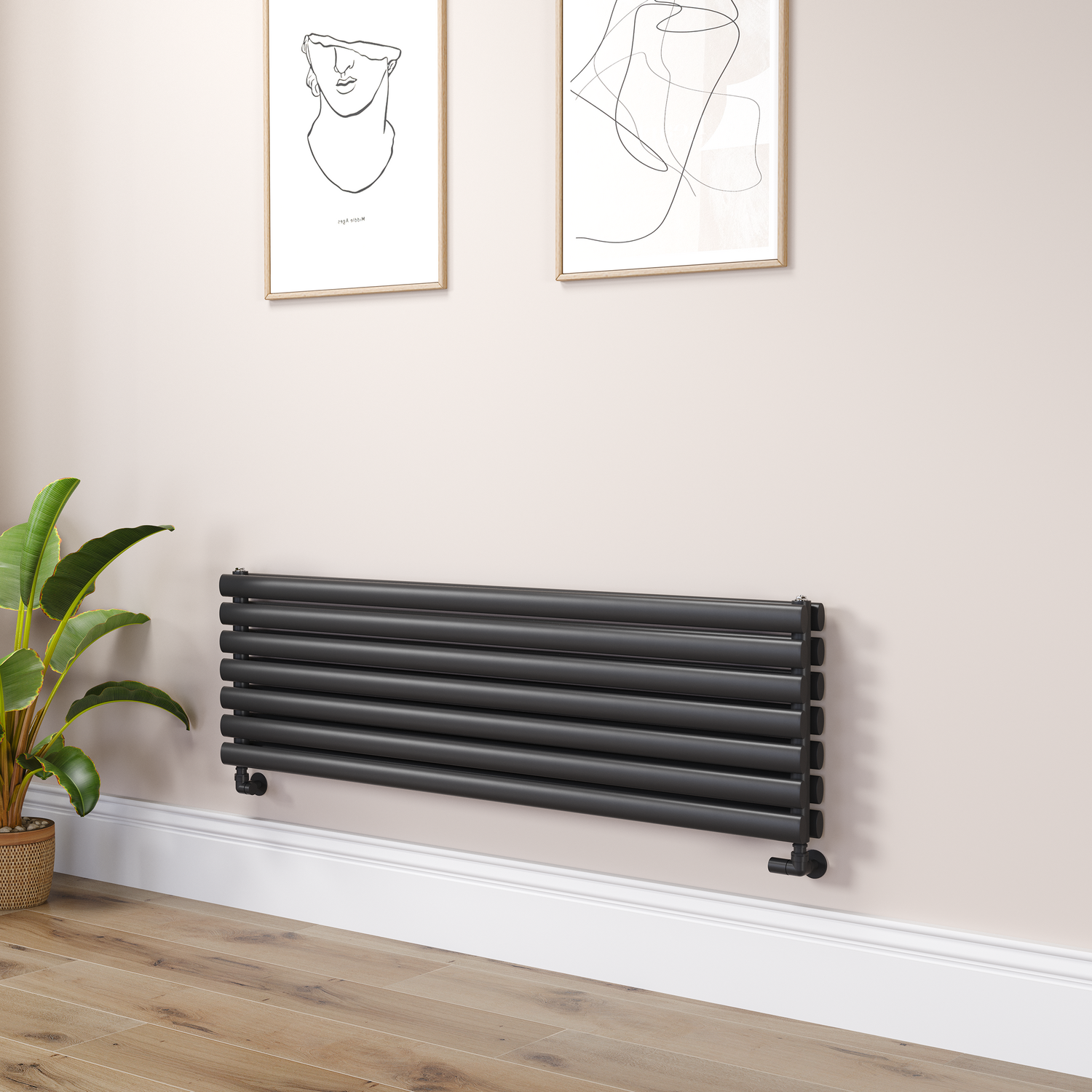 Sorrento Midnight Black Oval Designer Radiator 413X1400mm Double Panel 3509 Btu