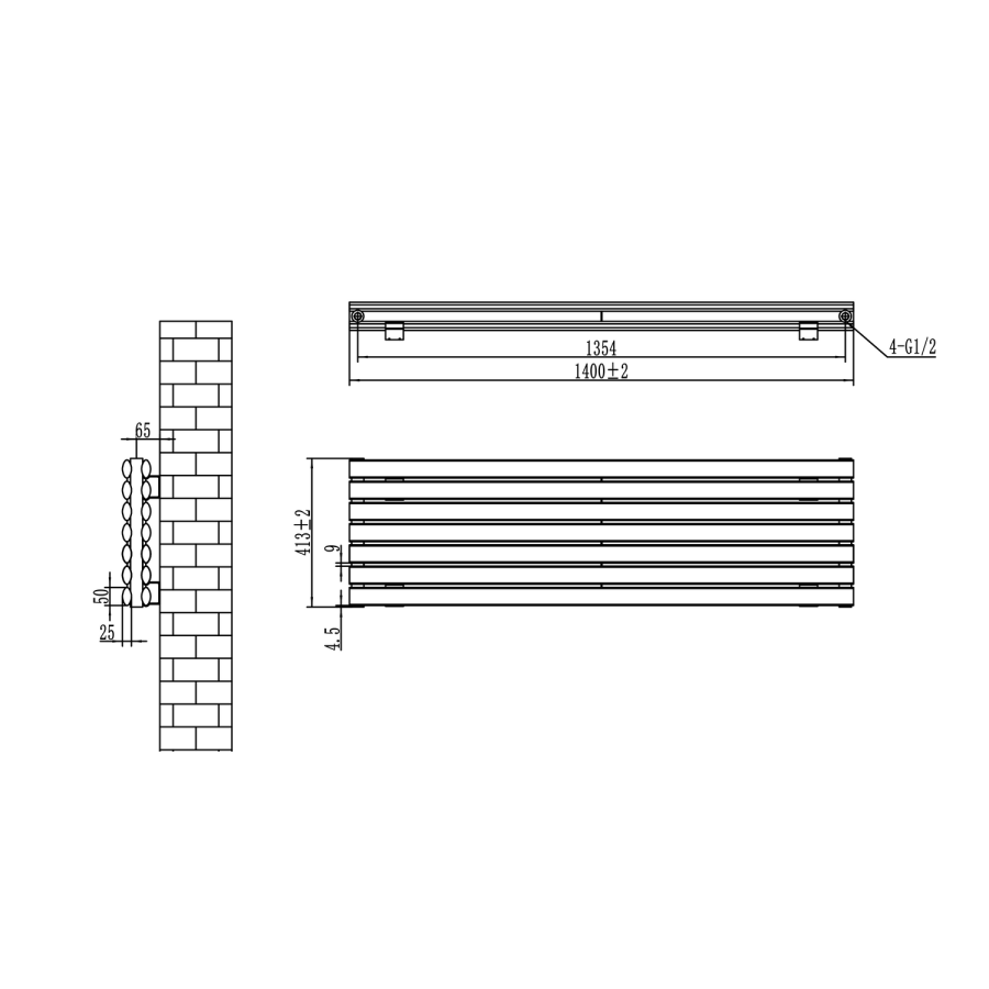 Sorrento Linea Dark Grey Anthracite Oval Designer Radiator 413x1400mm Double Panel 3509 BTU - Horizontal Bars